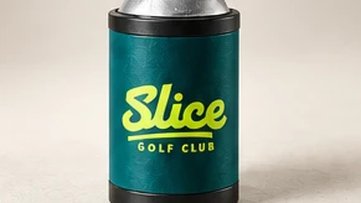 The Slice koozie standing on its own with a can inside